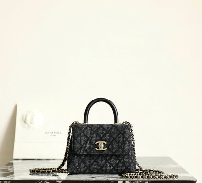Chanel 2026 Coco Top Handle Bag 14.5cm Black Denim Leather 352687