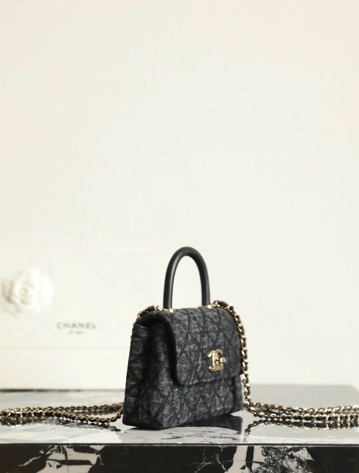 Chanel 2026 Coco Top Handle Bag 14.5cm Black Denim Leather 352687