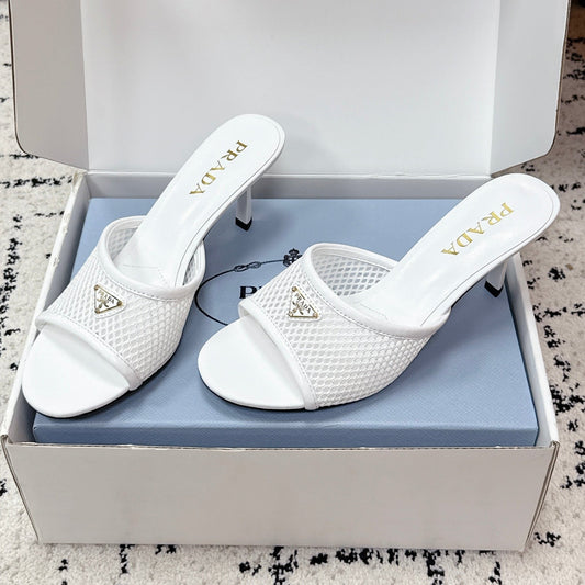 Prada 2026 Triangle Logo High-Heeled Slides 75mm Mesh Leather 769832
