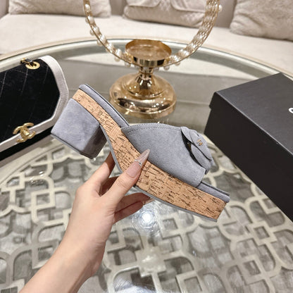 CC 26s Camellia Platform Slippers 65 Light Blue Grey Lambskin 627051