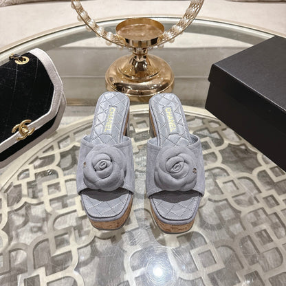 CC 26s Camellia Platform Slippers 65 Light Blue Grey Lambskin 627051