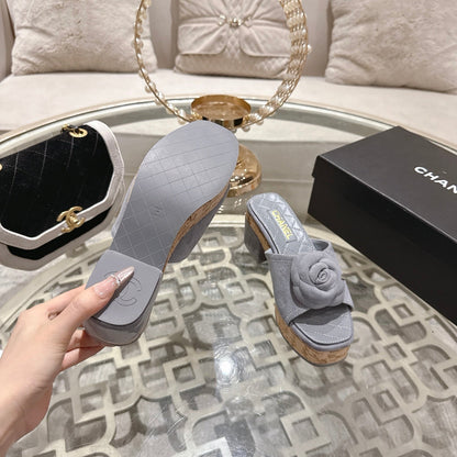 CC 26s Camellia Platform Slippers 65 Light Blue Grey Lambskin 627051